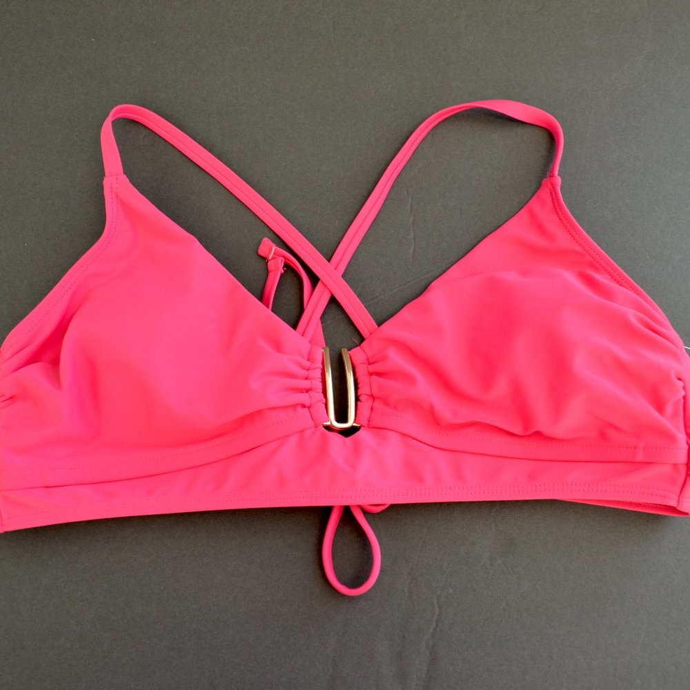 Time and True pink  golden U detail bikini top cris cross back woman size Xl new